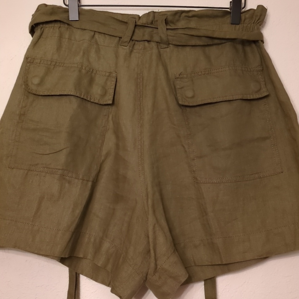 Magaschoni Linen Olive Green Tie Waist Minimalist Shorts Sz L Vacation Cruise - Picture 2 of 4